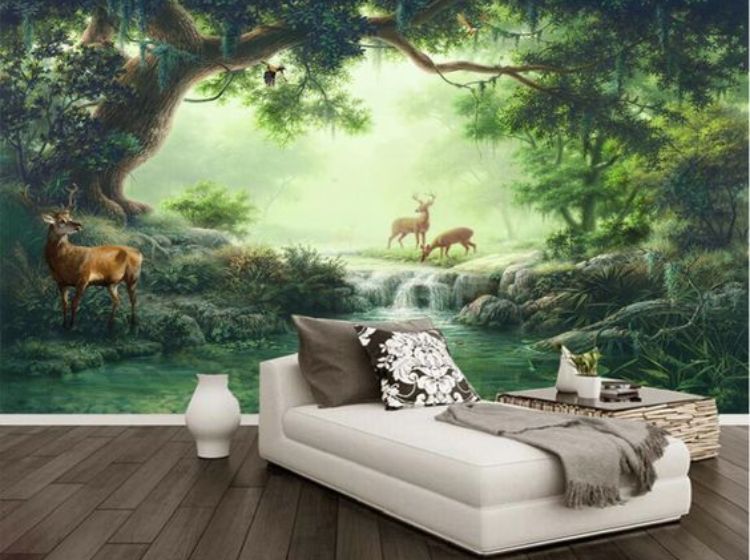 Phòng ngủ xanh mát với tranh tường 3D PVC rừng cây